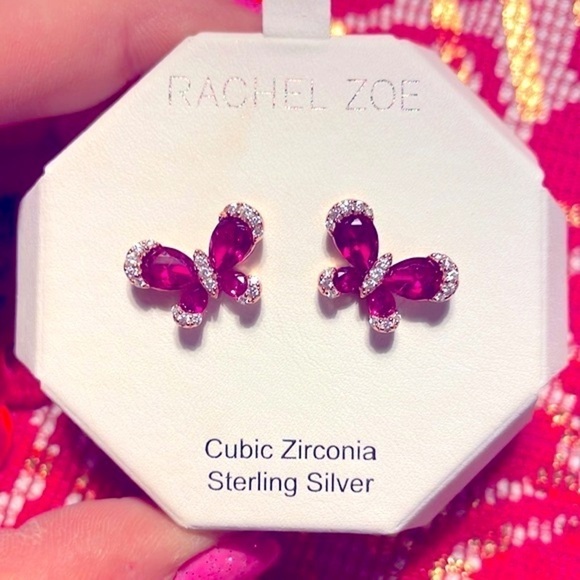 Brand New Rachel Zoe Sterling Silver Magenta Butterfly Post Earrings - Picture 12 of 12